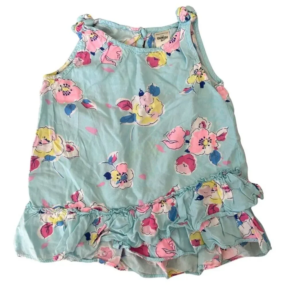OshKosh Sleeveless Ruffle Blouse Turquoise with Pink Flowers 4T